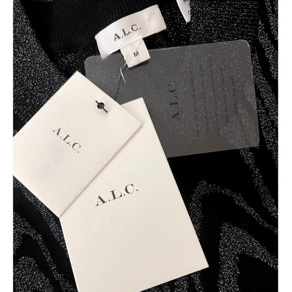 NWT! ALC 6 Metallic SILVER ZIGGY Dress $395 Bodycon Stretch Black Long Sleeve M - Picture 2 of 8